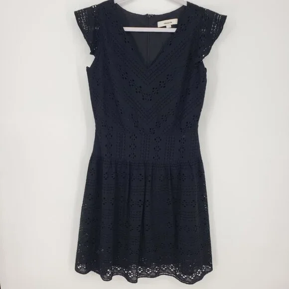 3/$25 LOFT Eyelet Lace Mini Dress 4 Fit and Flare Floune Ruffle Cotton Black - Picture 1 of 10